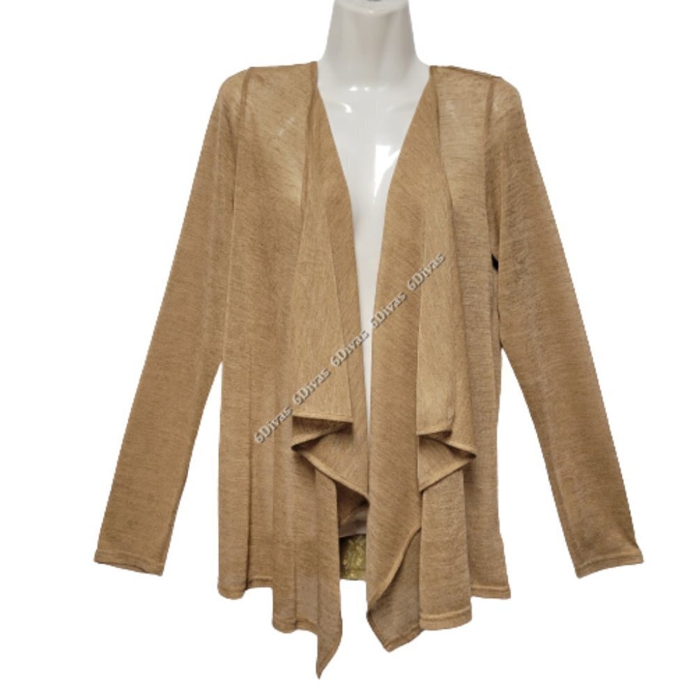 Long Flowy Open Front Waterfall Beige Cardigan with Lace accent Size M Size L